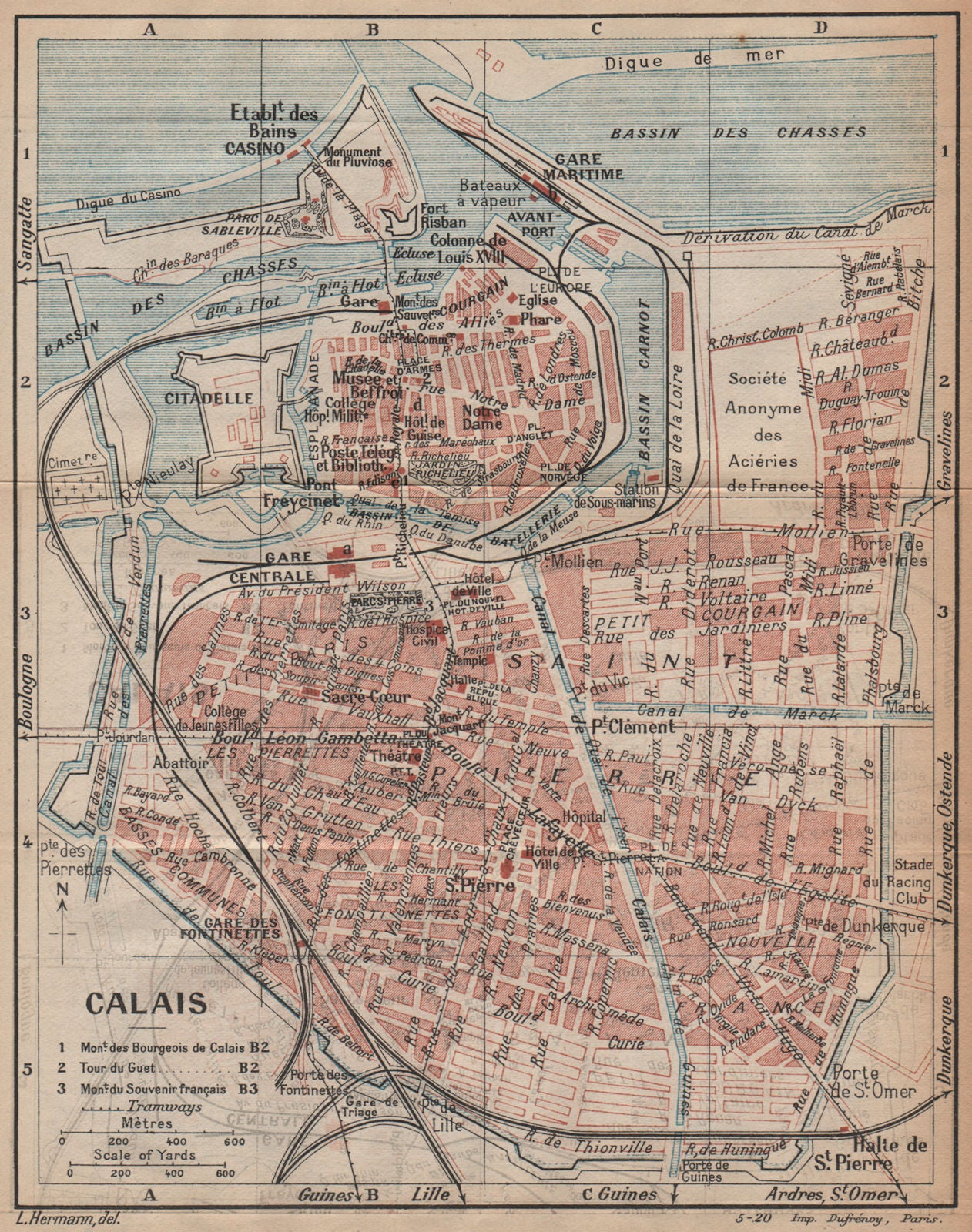 CALAIS. Vintage town city map plan. Pas-de-Calais 1920 old antique chart